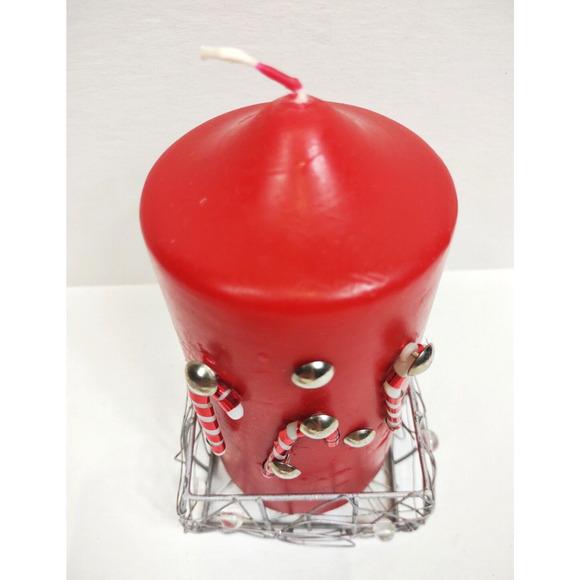 Handmade Christmas Candy Cane Pillar Candle 6oz w Wire Basket Red Holiday - Picture 5 of 12